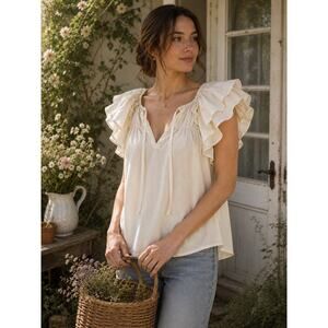 THML women’s romantic feminine cottage ruffled split-neck top in cream. Size XL